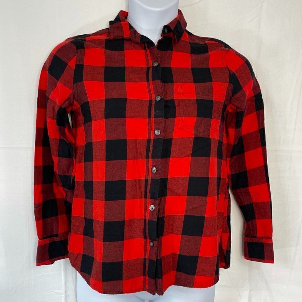Red and Navy Black Plaid Flannel Top Small Petite